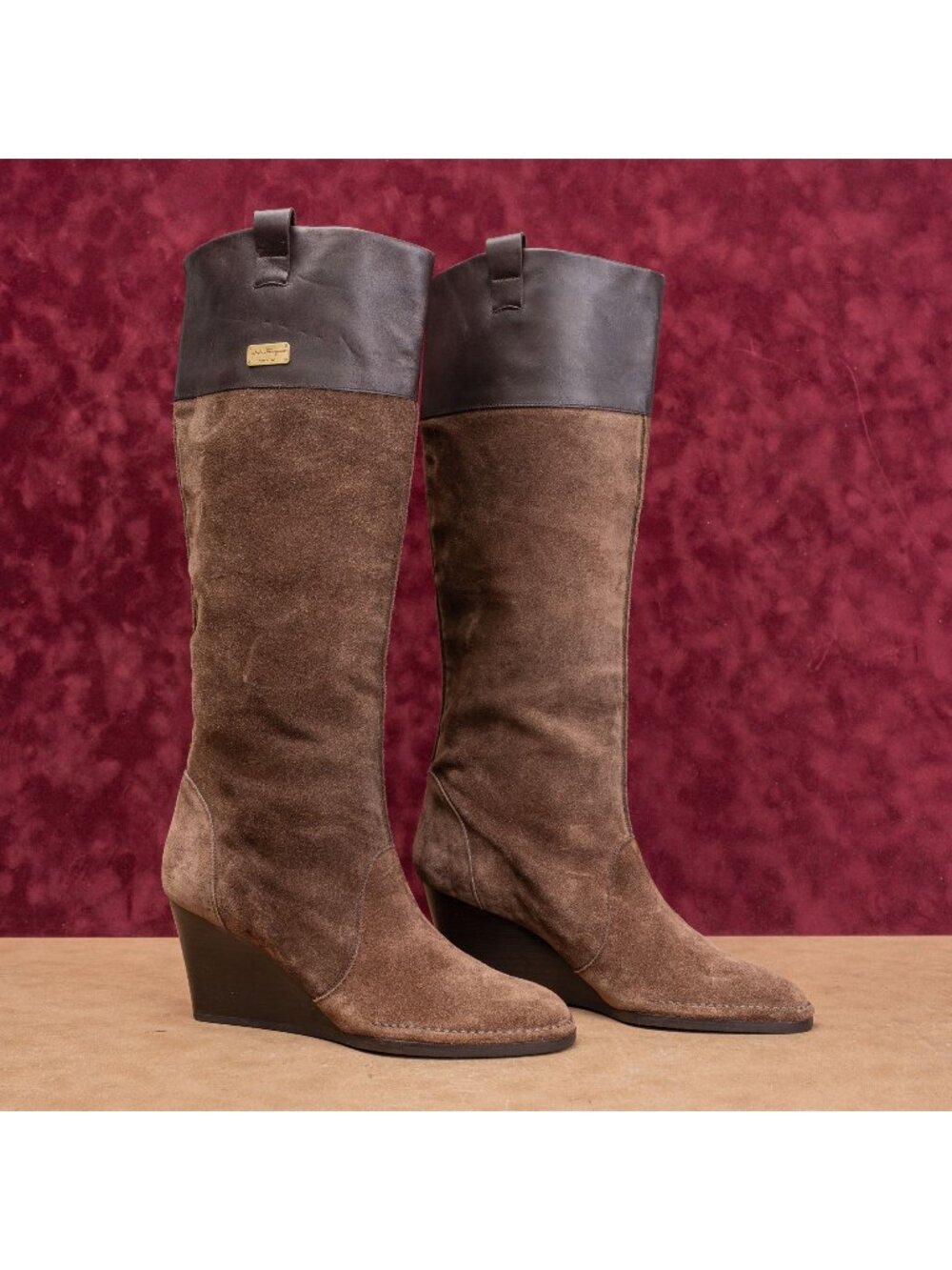 Salvatore Ferragamo Women Brown Leather Suede Riding Heel Fashion Boots sz 10